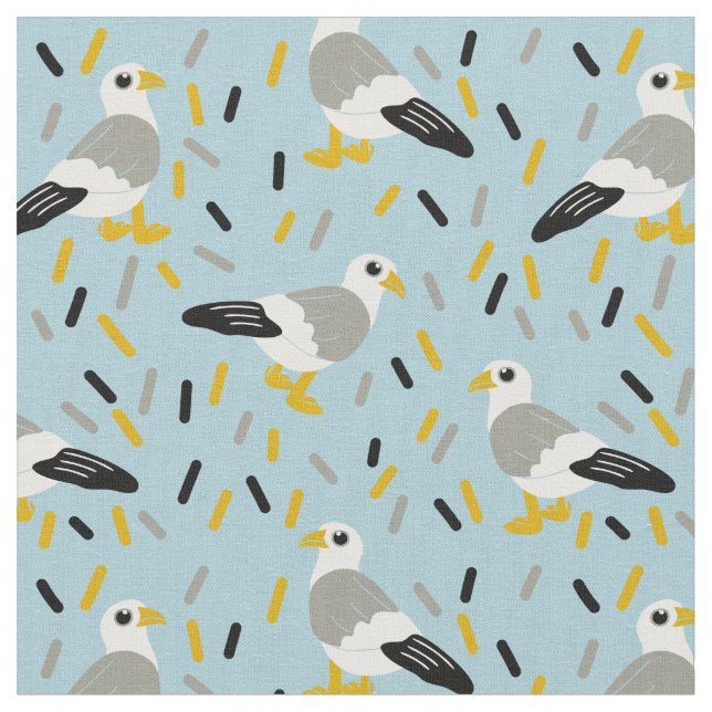 Cute Cartoon Seagulls Light Blue, White, Grey Fabric (Close Up)