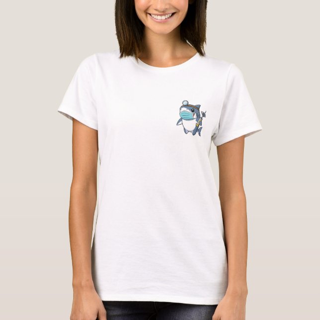 Cute Cartoon Shark Dentist Holding Dental Drill T-Shirt (Front)