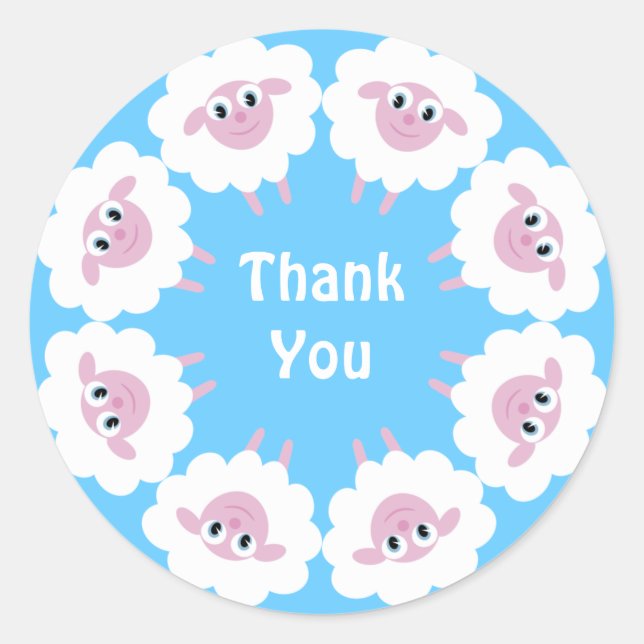 Cute Cartoon Sheep Blue Custom Thank You Classic Round Sticker (Front)