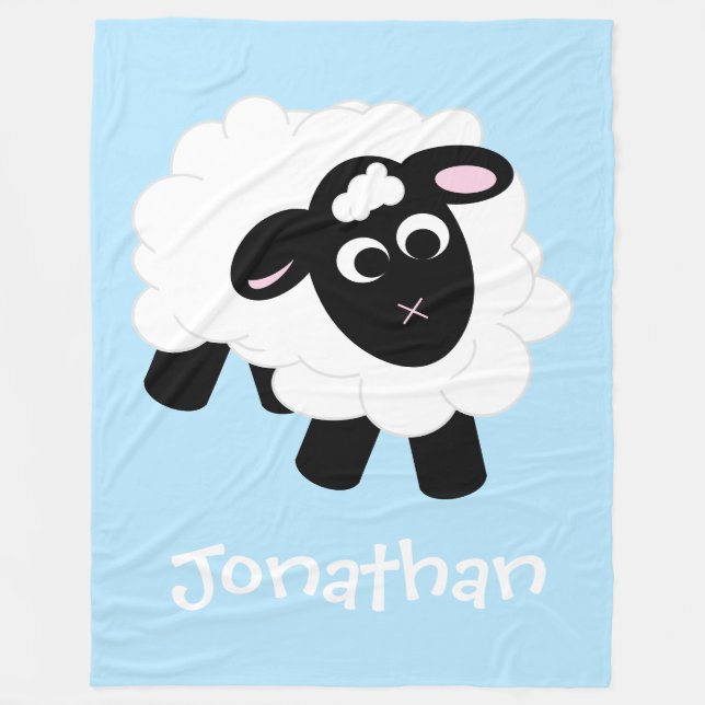 Cute Cartoon Sheep Blue Name Fleece Blanket (Front)
