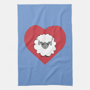 Cute Cartoon Sheep With Heart in Background Tea Towel