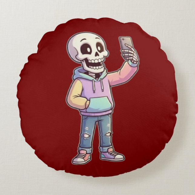 Cute Cartoon Skeleton Selfie - Full Body Trendy  Round Cushion (Front)