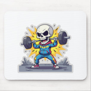 “Cute Cartoon Skeleton Weightlifter • Funny Gym Ba Mouse Pad