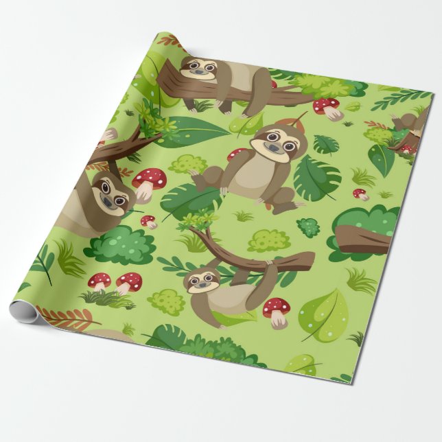Cute Cartoon Sloth Pattern Wrapping Paper (Unrolled)