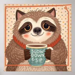 Cute Cartoon sloth with exaggerated sleepy eyes  Poster