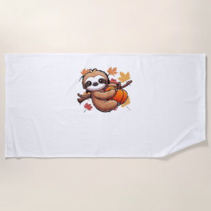 Cute Cartoon Sloth with Pumpkin - Autumn Season Ov Beach Towel