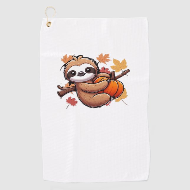 Cute Cartoon Sloth with Pumpkin - Autumn Season Ov Golf Towel (Front)
