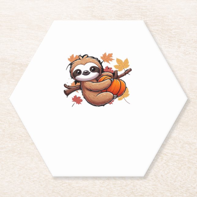 Cute Cartoon Sloth with Pumpkin - Autumn Season Ov Paper Coaster (Front)