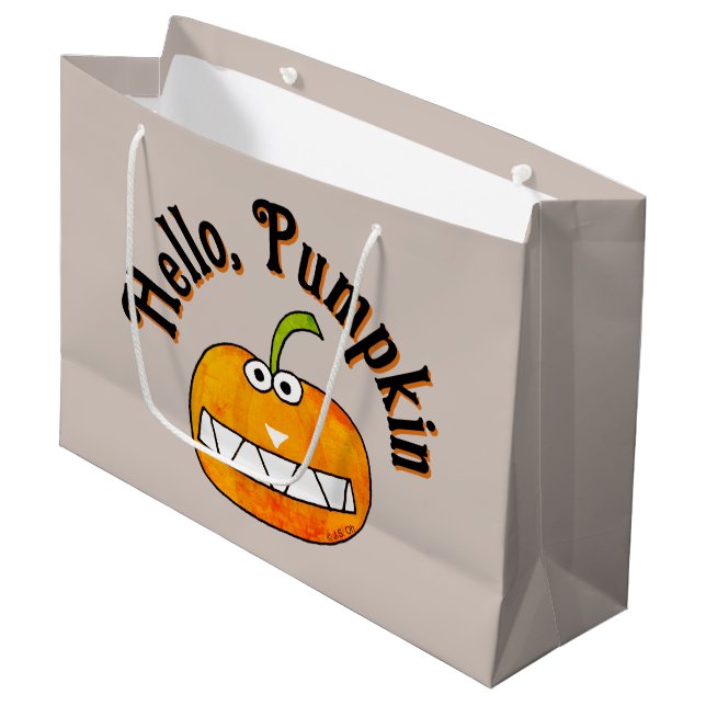 Cute Cartoon Smiling Hello Pumpkin Autumn Fall Large Gift Bag (Front Angled)