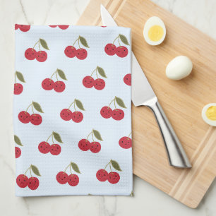 Cute Cartoon Smiling Kawaii Cherries  Tea Towel