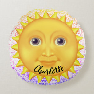 Cute Cartoon Smiling Sun with Sweet Bumblebee Round Cushion