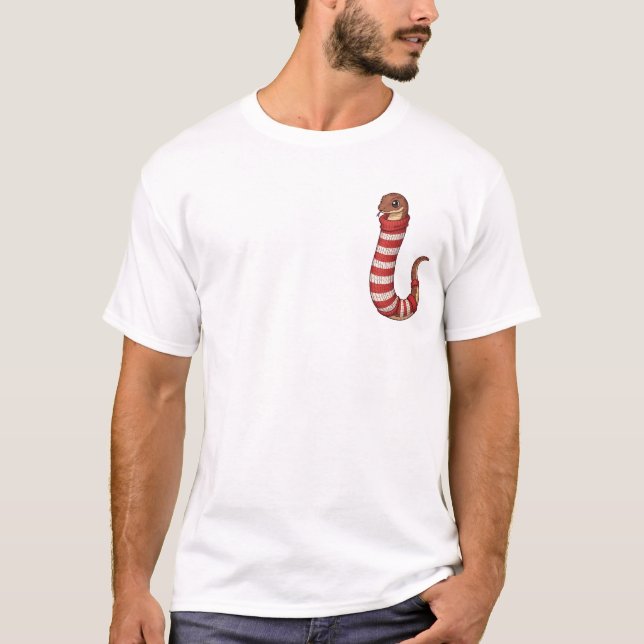 Cute Cartoon Snake Wearing Red and White T-Shirt (Front)