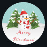 Cute Cartoon Snowman And Merry Christmas Text Classic Round Sticker<br><div class="desc">This festive door mat features Destei's cartoon illustration of a cute snowman. The snowman is wearing a red hat and a scarf that has red and white stripes on it. His nose is made of an orange carrot and his arms are made of brown sticks. Behind the snowman are two...</div>