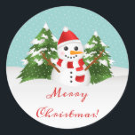 Cute Cartoon Snowman And Merry Christmas Text Classic Round Sticker<br><div class="desc">This festive door mat features Destei's cartoon illustration of a cute snowman. The snowman is wearing a red hat and a scarf that has red and white stripes on it. His nose is made of an orange carrot and his arms are made of brown sticks. Behind the snowman are two...</div>