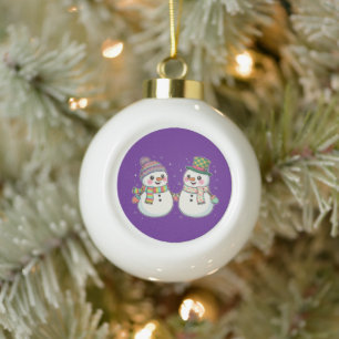 Cute Cartoon Snowman Couple Holding Hands Winter Ceramic Ball Christmas Ornament