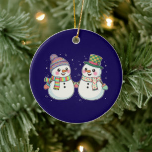 Cute Cartoon Snowman Couple Holding Hands Winter Ceramic Ornament