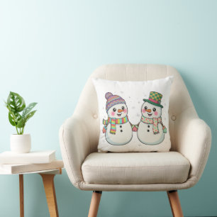 Cute Cartoon Snowman Couple Holding Hands   Winter Cushion