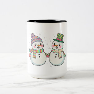 Cute Cartoon Snowman Couple Holding Hands Winter Two-Tone Coffee Mug