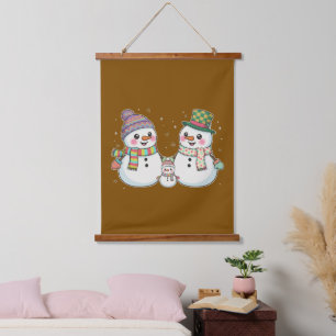 Cute Cartoon Snowman Family Winter Holiday  Hanging Tapestry