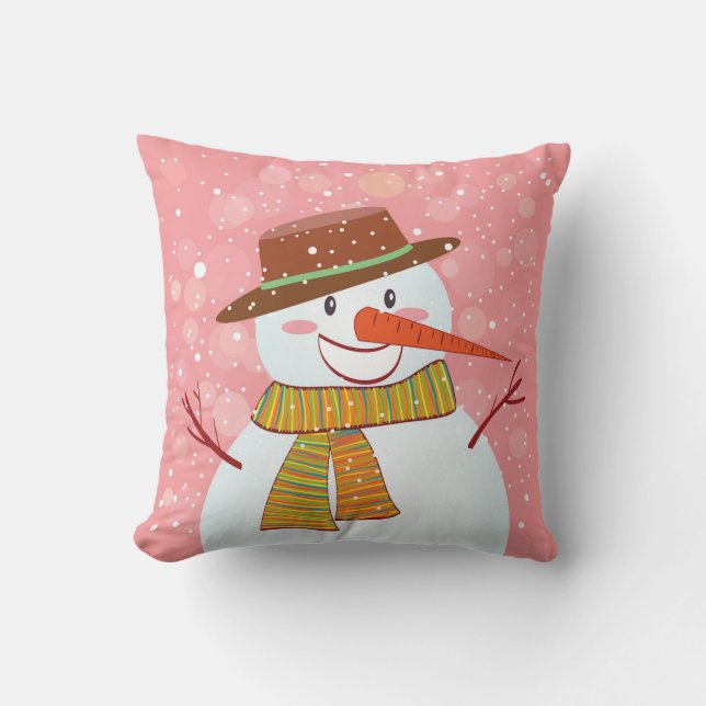 Cute Cartoon Snowman in a Winter Snowfall Cushion (Front)
