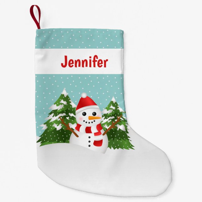 Cute Cartoon Snowman With Personalizable Name Red Small Christmas Stocking (Front)