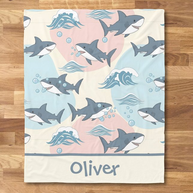 Cute Cartoon Soft Nautical Shark Pattern Fleece Blanket (Creator Uploaded)