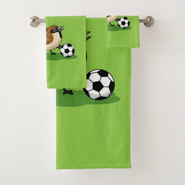 Cute Cartoon Sparrow Playing Soccer Bath Towel Set (Insitu)