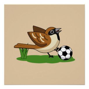 Cute Cartoon Sparrow Playing Soccer Poster