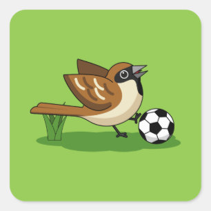 Cute Cartoon Sparrow Playing Soccer Square Sticker