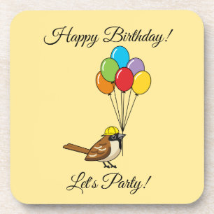 Cute Cartoon Sparrow with Balloons Birthday Coaster