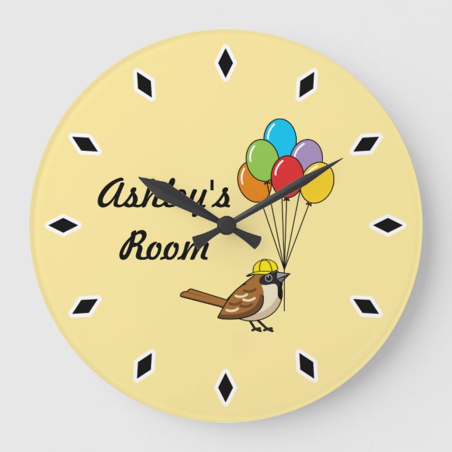 Cute Cartoon Sparrow with Balloons Kid Name Large Clock (Front)
