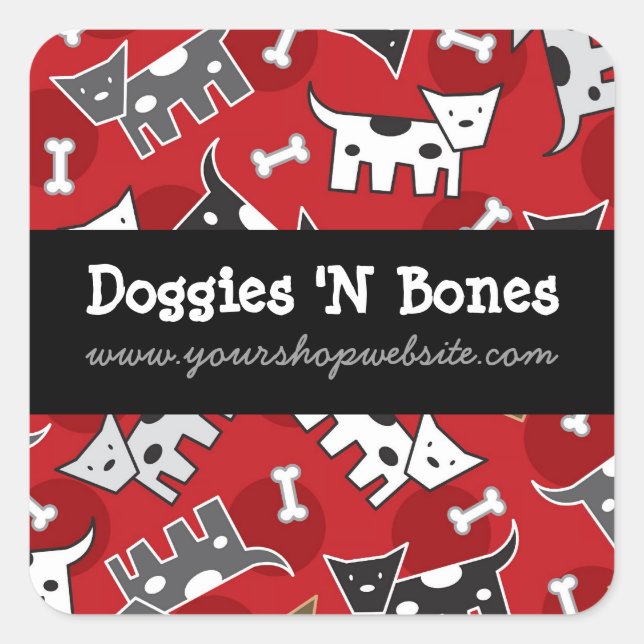 Cute Cartoon Spotted Doggies & Bones Pet Shop Square Sticker (Front)