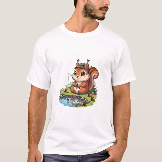 Cute Cartoon Squirrel in Hat Fishing with Acorn T-Shirt (Front)