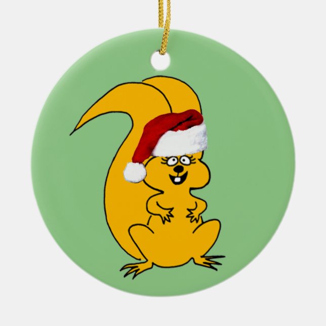 Cute Cartoon Squirrel in Santa Hat Christmas Ceramic Ornament (Front)