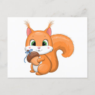 Cute cartoon squirrel with an acorn. postcard