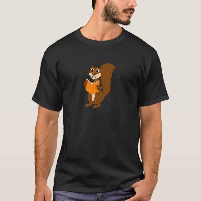 Cute Cartoon Squirrel with Glasses Reading Book T-Shirt (Front)