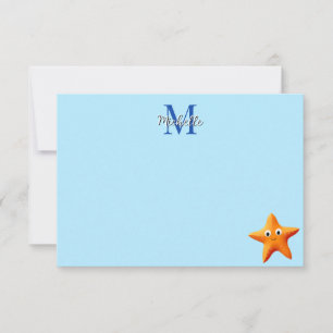 Cute Cartoon Starfish Blue Ocean Custom Monogram Card