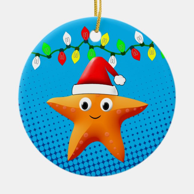 Cute Cartoon Starfish Santa Hat Christmas Lights Ceramic Ornament (Front)