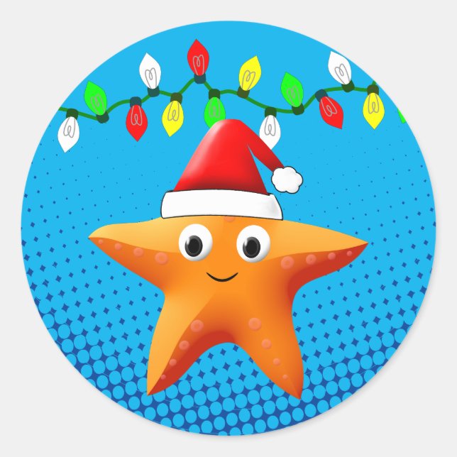 Cute Cartoon Starfish Santa Hat Christmas Lights Classic Round Sticker (Front)