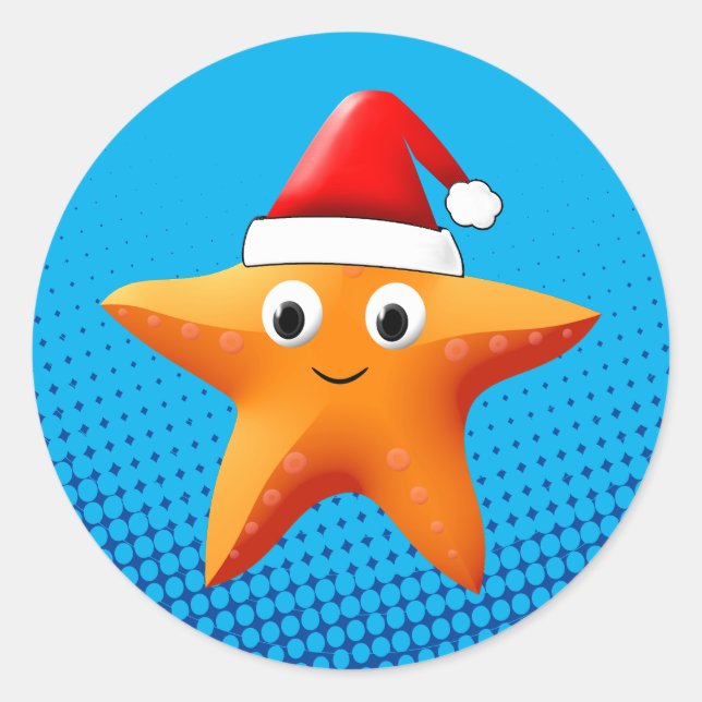 Cute Cartoon Starfish Santa Hat Classic Round Sticker (Front)