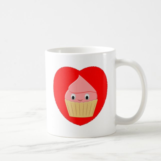 Cute Cartoon Strawberry Cupcake In Red Heart  Coffee Mug (Right)
