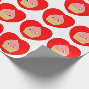 Cute Cartoon Strawberry Cupcake In Red Heart Wrapping Paper