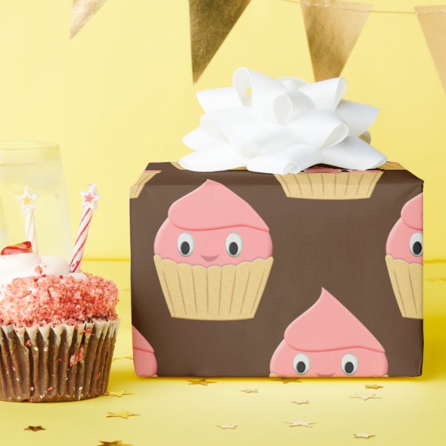 Cute Cartoon Strawberry Cupcake On Brown Wrapping Paper (Birthday Party)