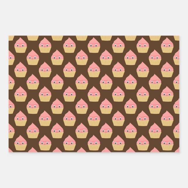Cute Cartoon Strawberry Cupcake On Brown Wrapping Paper Sheet (Front 3)