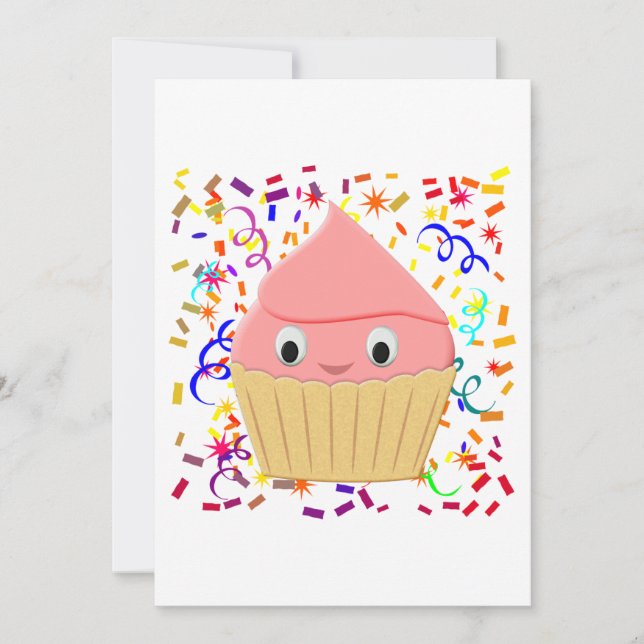 Cute Cartoon Strawberry Cupcake With Confetti Invitation (Front)