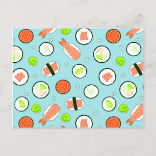 Cute Cartoon Sushi Pattern Blue Postcard