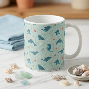 Cute Cartoon Swimming Dolphin Pattern in Teal Coffee Mug