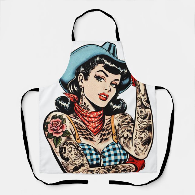 Cute Cartoon Tattoo Cowgirl Apron (Front)
