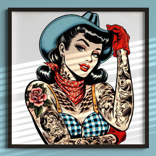 Cute Cartoon Tattoo Cowgirl Poster