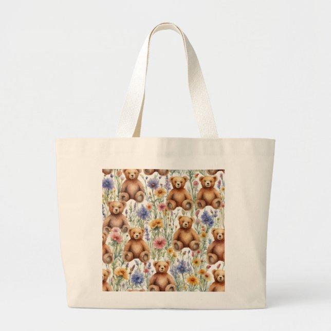 Cute Cartoon Teddies with Watercolor Flowers  Large Tote Bag (Front)